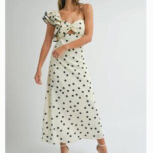 NWT Womens Benaar Natalie Ivory Black Polka Dot One Shoulder Paris Midi Dress S